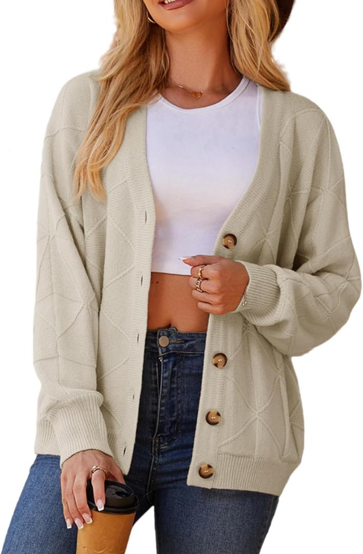 Womens V Neck Cardigan Sweaters Trendy Long Sleeve Button Up Business Casual Fall Sweater Tops 2026 (Beige, M)