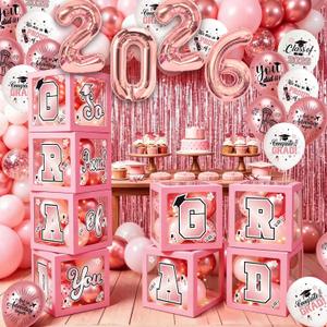 Pink Graduation Decorations 2026: 2026 Graduation Decorations Rose Gold Graduation Balloon Boxes with 2026 Balloons LED String Light Graduation Party Decorations