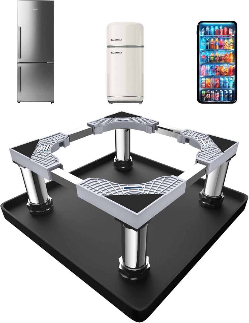 Mini Fridge Stand with Silicone Mat, Adjustable Refrigerator Stand with 4 Stainless steel Feet, 24''x 24'' Dorm Fridge Stand Protect From Appliance Leaks for Fridge, Washer, Dryer (7.3"-8.5" High)