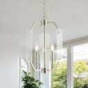 OKELI Brushed Nickel Lantern Chandelier 3-Light, 11.8" Small Farmhouse Dining Room Light Fixture with Glass Panels, Adjustable Hanging Pendant Light for Entryway Kitchen Island E12