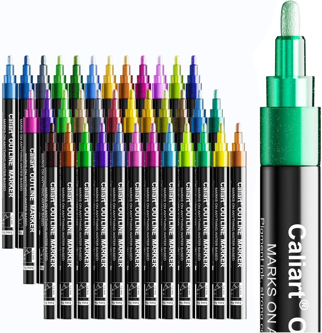Caliart 36 Colors Outline Markers Shimmer Glitter Pens, Doodling Marker Set for Adults Artists, Cool Fun Craft Drawing Art Supplies