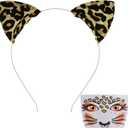 DDazzling Glitter Cheetah Print Ears Headband with Leopard Face Stickers for Halloween Animal Cosplay (Gold)