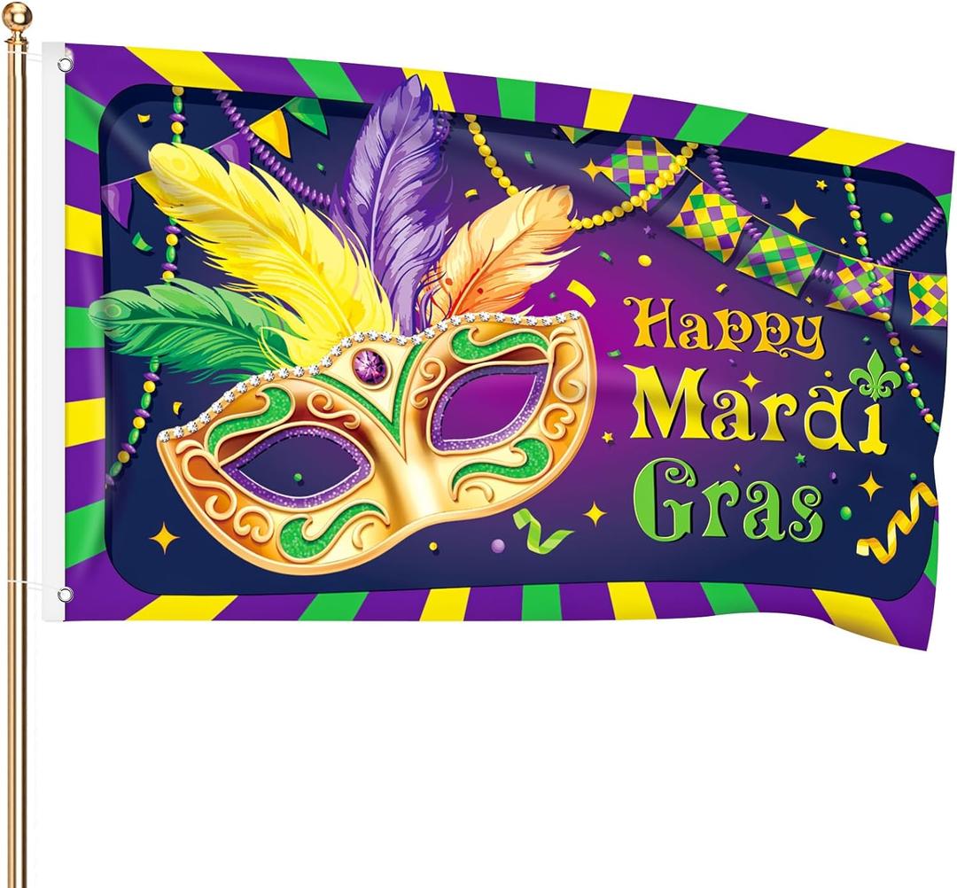 Ganeen Happy Mardi Gras Flag 3x5 ft Double Sided Large Masquerade Mask Beads Fleur De Lis Holiday Flag New Orleans Carnival Outdoor House Yard Banner for Mardi Gras Party Decor Supplies(Mask Style)
