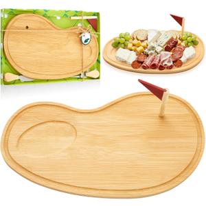 Golf Cheese Board Gift Set Golf Party Favor Prizes Charcuterie Wood Board with Knives and Box Father Day Gift for Dad Grandpa Party Tournament Game(Bamboo Color,15 x 8.3 x 0.47 ")