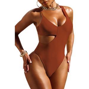 Pink Queen Women's Sexy One Piece Swimsuit Scoop Neck Cutout Waist Tummy Control Bathing Suit Swimwear (Burnt Orange) S