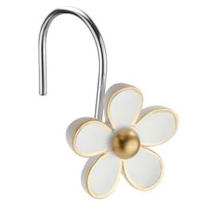 Cute Flower Shower Curtain Hooks, Pretty Floral Themed Elegant Bathroom Decor, Gold/ White