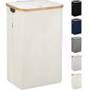 LONBET Laundry Basket with Lid, Made from Breathable Fabric | Aesthetic Clothes Hampers for Laundry with Side Handles & Sturdy Bamboo Frame (26 Gallons - Single, Beige)