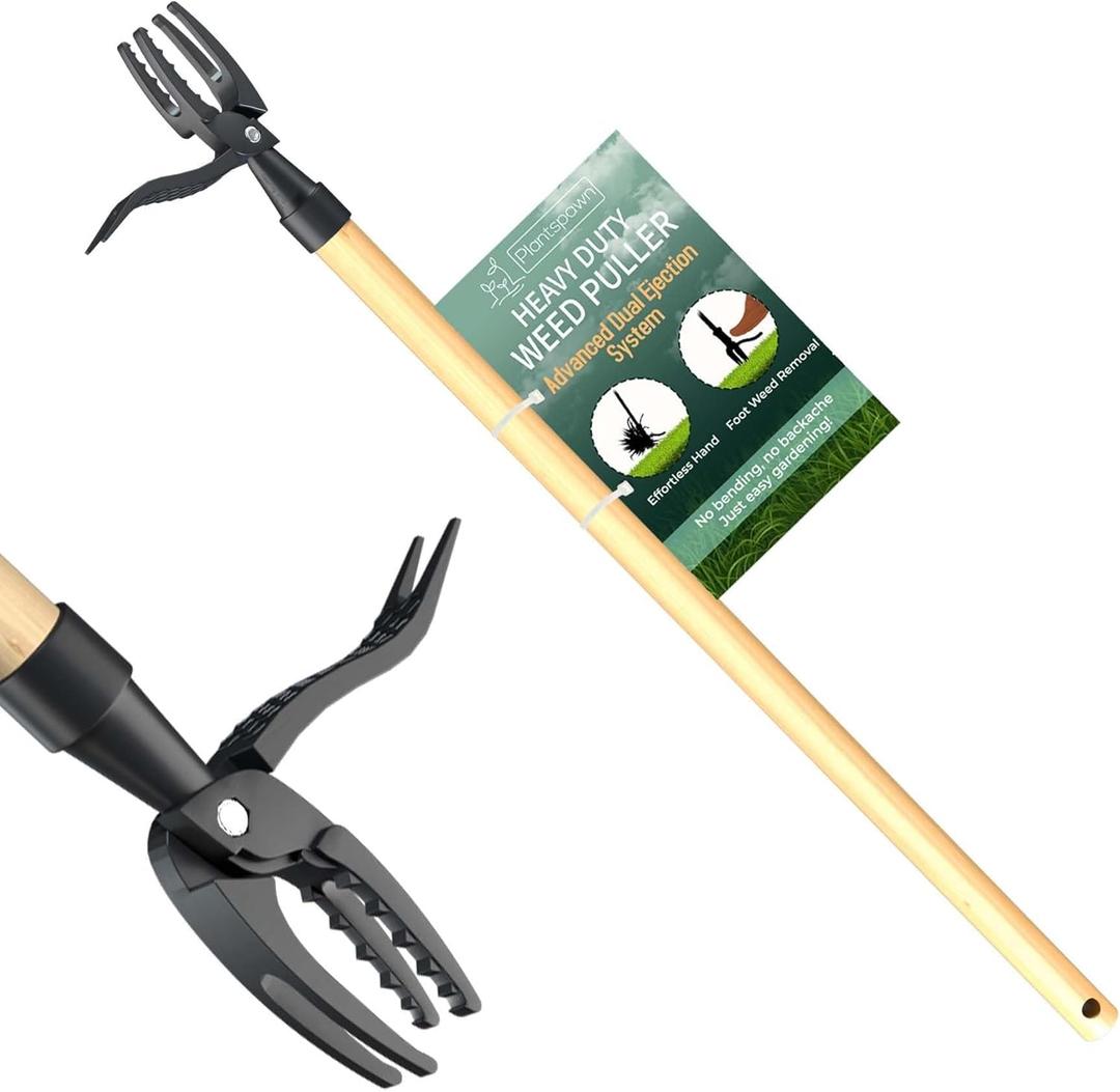 PlantSpawn Manual Stand Up Weed Puller Tool 44" with Long Bamboo Handle – Heavy Duty 4-Claw Wooden Head Weeder for Root Removal – Ergonomic Weeding Tool for Dandelion, Lawn, Yard & Garden Maintenance