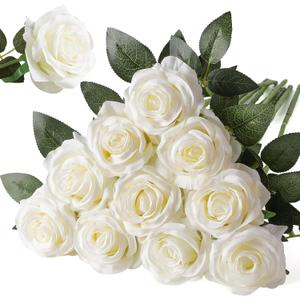 Nubry Artificial Silk Rose Flower Bouquet Lifelike White Fake Rose for Wedding Home Party Decoration Event Gift 10pcs (Off White)