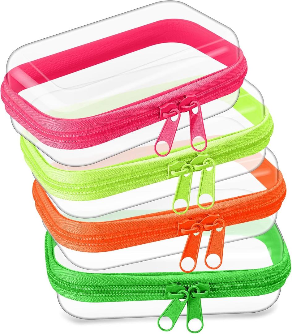 Hoolerry 4 Pcs Hard Clear Zipper Case Makeup Bags Plastic Zipper Pouch Transparent Storage Box Containers for Cosmetics, Snacks, Building Blocks, Puzzles(Clear,5 x 3 x 2 in,Fluorescent)