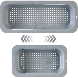 Extendable Sink Colander Strainer Basket - Wash Vegetables and Fruits, Drain Cooked Pasta and Dry Dishes - Adjustable Over the Sink Colander Collapsible Drainer Basket -Gray