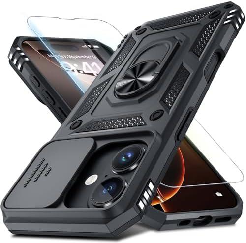 Janmitta Case for iPhone 16 Pro Max Phone Cover Built in Slide Camera Lens Cover+Screen Protector,Heavy Duty Shockproof Full Body PhoneCase with Finger Ring Holder Kickstand,Black