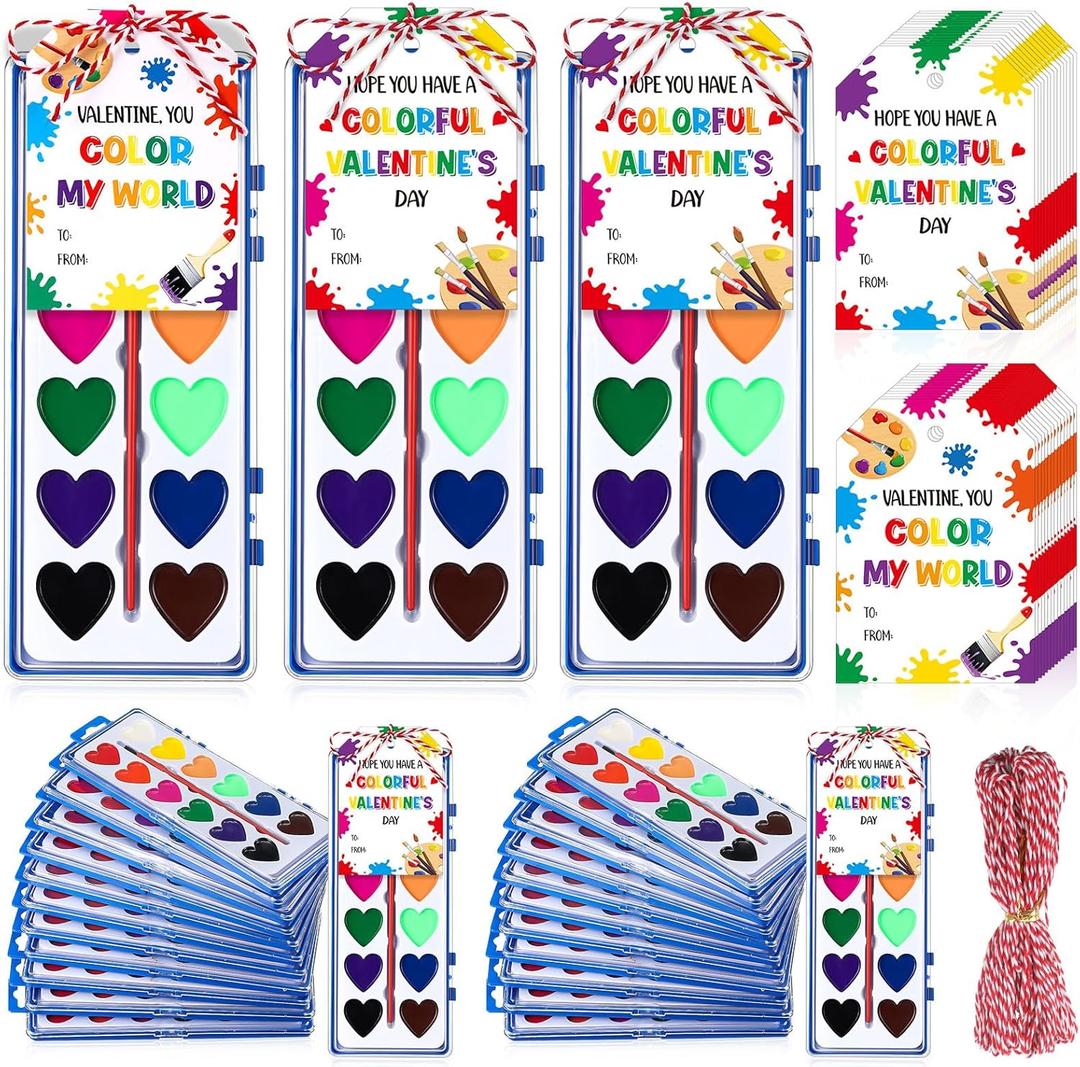 Sabary 12 Pack Valentines Day Watercolor Paint Sets Gifts Washable Watercolor Paintings with Card and 20 Meters Red Rope for Art Gifts Exchange Bulk