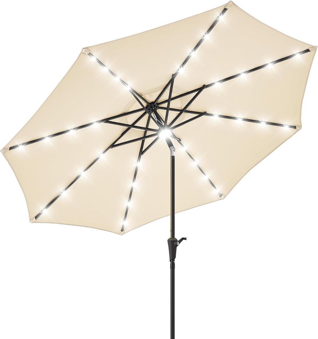 7.5 ft/9 ft/10 ft Patio Umbrella with Solar Light, 24/32-LED + 1 Center Light, 6/8 Heavy Duty RibsLarge Table Outdoor Umbrella for Patio- Beach, Pool, Deck, Market & Table, Crank&Tilt (Beige)