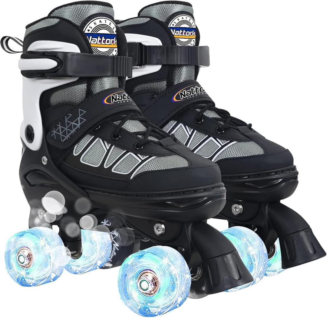 Nattork Roller Skates for Kids Boys Girls, 4 Size Adjustable Rollerskates with Light Up Wheels for Children Beginners for Outdoor Indoor (Medium (13C-2), Black)