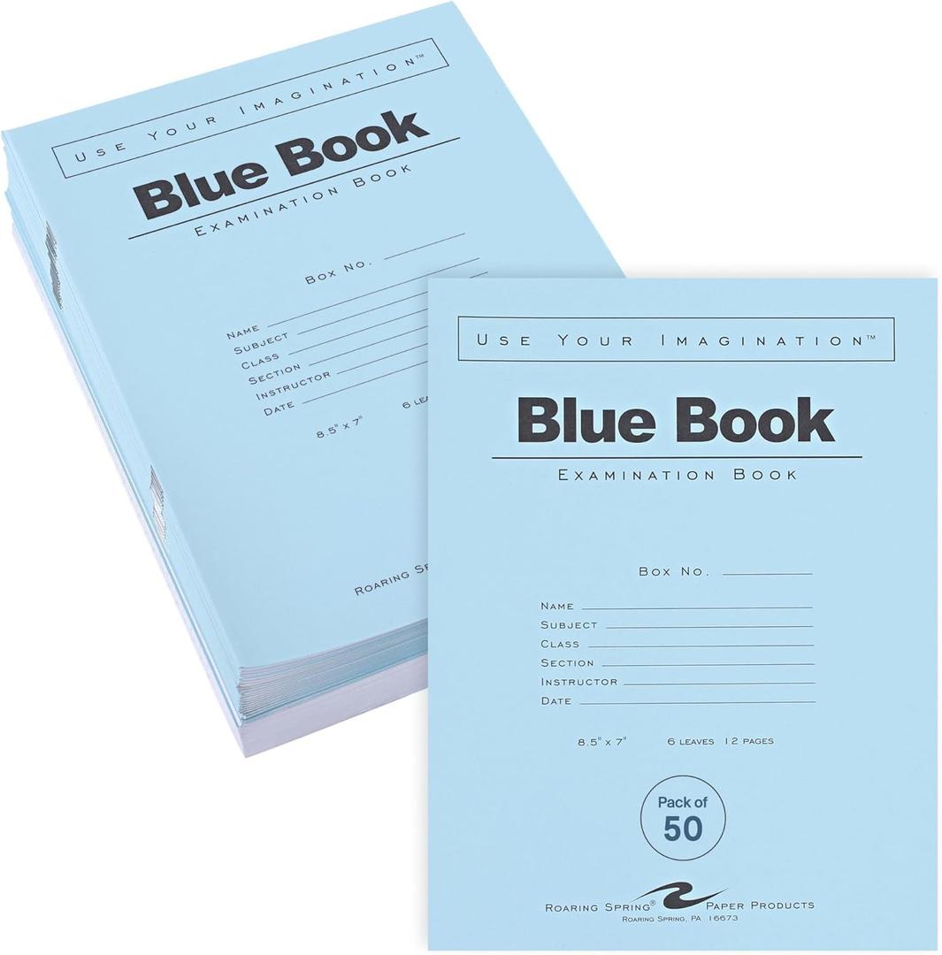 ROARING SPRING Exam Blue Books, 50 School Examination Booklets, 8.5" x 7", 6 Sheets/12 Pages, Wide-Ruled with Margin Student Testbook, Made in USA