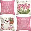 AVOIN colorlife Hello Love Pink Tulips Bicycle Throw Pillow Covers, 20 x 20 Inch Flowers Spring Mother's Day Cushion Case for Sofa Couch Set of 4