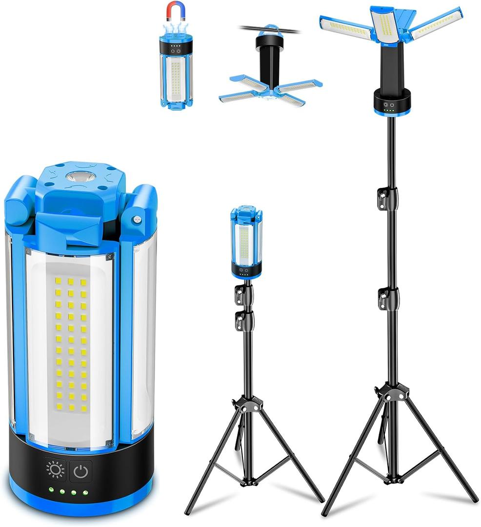 T-SUNiceM Rechargeable Camping Light with Metal Stand, Freestanding Portable Work Light with 4 LED Heads, Magnetic Work Light Waterproof for Outdoor Emergency, Flashlight with Detachable Tripod