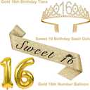 16th Birthday Decorations for Girls Gold with Sweet 16 Sash and Tiara, Cake Topper and Candles, Number Balloons, Sweet 16 Party Decoration Gifts