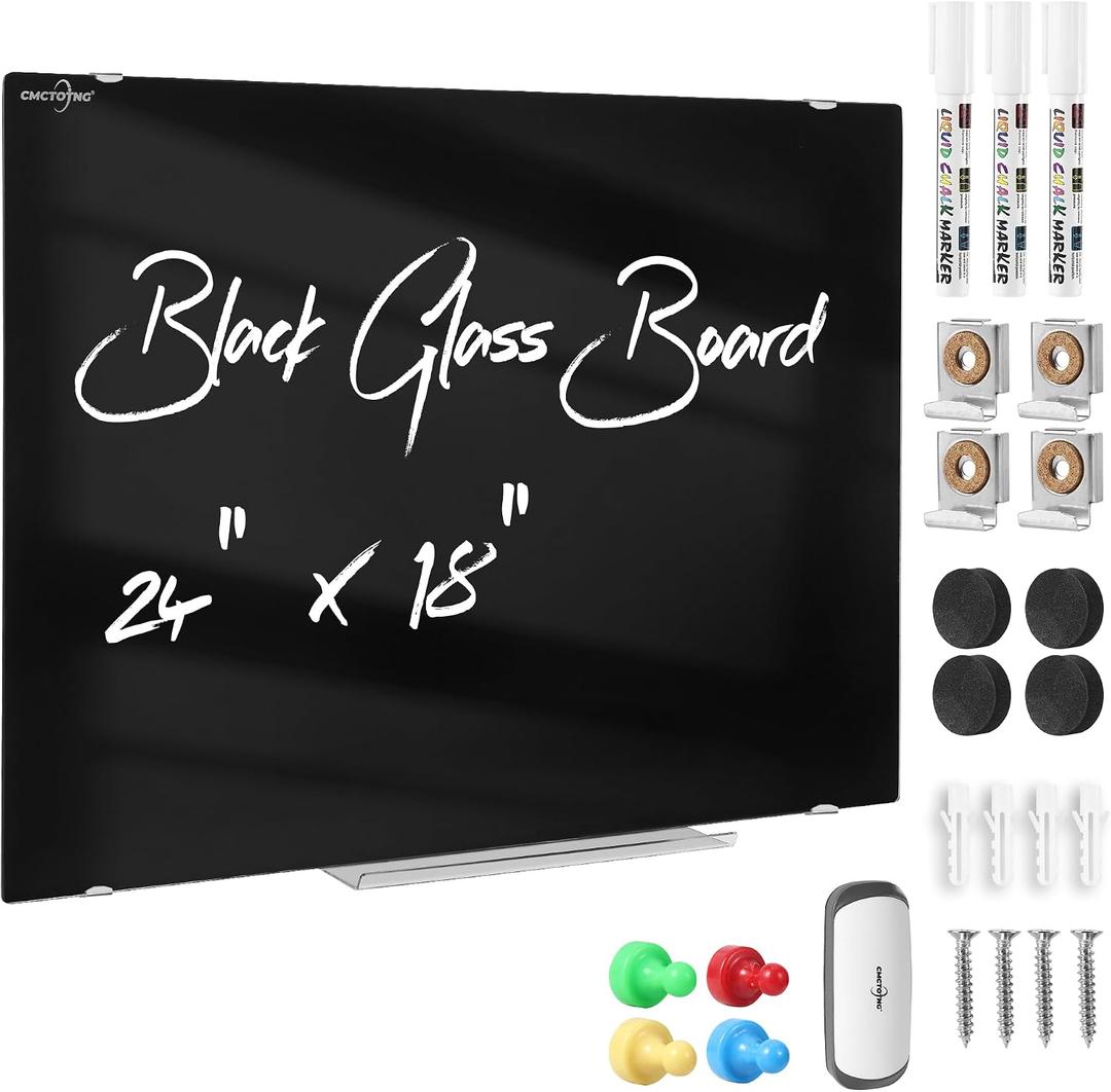 24" x 18" Magnetic Black Tempered Glass Whiteboard, Frameless Wall Mounted Dry Erase Board, No Ghosting, with Markers & Magnets for Office, Kitchen & Classroom