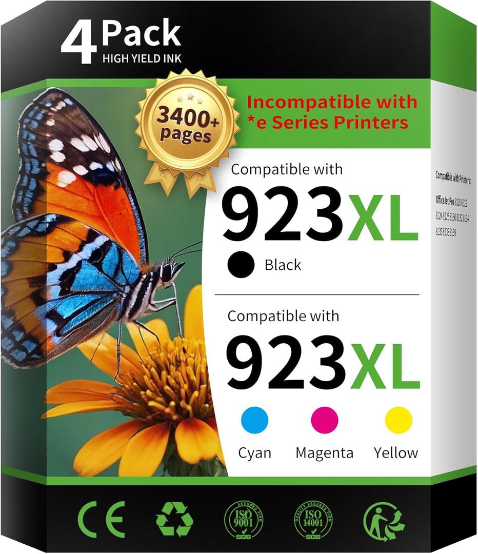 923XL 923 Ink Cartridges for HP Printers Replacement for HP 923XL Ink Cartridges Combo Pack 923e Ink to Work with OfficeJet Pro 8135 8130 8139 8138 8122 8120 8124 8125 8130 Printer (BK/C/Y/M, 4-Pack)