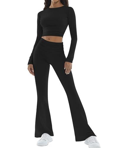 Sunzel 2 Piece Women's Lounge Sets Casual Outfits Cropped Top Long Sleeve Slim Fit Pajama Fold over Yoga Flare Pants Set (Black, L)