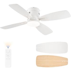 LEDIARY 42 inch Ceiling Fans with Lights and Remote Control,Flush Mount Ceiling Fan with Quiet Reversible DC Motor,White Modern Low Profile Ceiling Fan with Light for Bedroom Living Room Patio