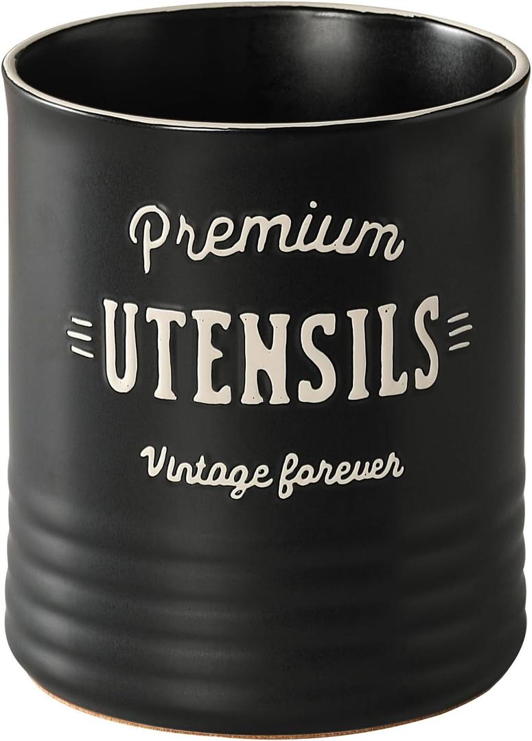 DOWAN 7.2 Extra Large Utensil Holder, Farmhouse Utensil Holder for Kitchen Counter, Ceramic Utensil Crock with Protection Cork Mat, Utensil Storage for Kitchen Decor & Housewarming Gift, Matte Black