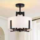 4-Light Semi Flush Mount Ceiling Light with White Fabric Modern Black Drum Ceiling Light Fixtures Round Chandelier for Bedroom Living Room Kitchen and Hallway