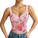 LEACOOLKEY Lace Corset Top for Women Sexy Sheer Floral Bustier Going Out Lace-up Bralette Club Party Concert Crop Top (Pink, M)