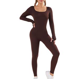 Long Sleeve Jumpsuit for Women Built-In Bra Workout Yoga Full Body Suits Shapewear One Piece Bodycon Jumpsuits S