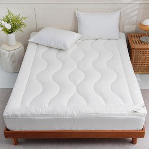 YOUR MOON 100% Wool Mattress Topper Queen Size, Thick Pillow Top Mattress Pad, 800GSM Natural Wool Filling, Back Pain Relief Bed Topper with Cotton Cover-16'' Depth, 60"x80" (Striped White)