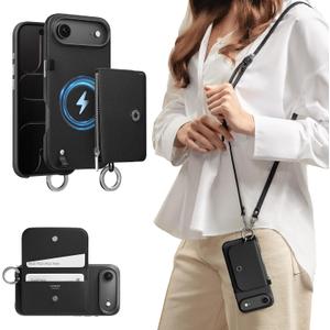 MAGEASY Designed for iPhone Air 6.5" Wallet Case with Crossbody Strap - Compatible with MagSafe Detachable Coin Purse & Card Slot, Leather Crossbody Lanyard, 16ft Drop Protection | Pouch M (Black)