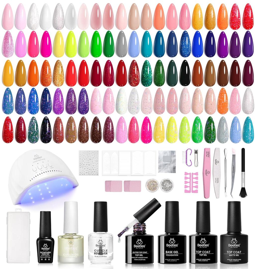 Beetles 85 Pcs Gel Nail Polish Kit with U V Light, 55 Colors Jelly Pink Gel Nail Kit with Base Top Coat Tools for All Seasons, Red Green Jelly Pearl Gel Style Manifesto DIY Nail Art Gifts for Women