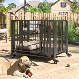 DAKITO 43/38 inch Heavy Duty Dog Crate, Folding Dog Kennel No Assembly, Escape Proof Large Dog Cage Kennel with Lockable Wheels, High Anxiety Pet Playpen with Double Door Indoor/Outdoor.(38In) (37.4"L x 22.8"W x 30.3"H)