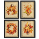 JXREQ Vintage Pumpkins Fall Wall Art Decor for Home Kitchen Bathroom Bedroom, Thanksgiving Decorations Wall Decor Prints Set of 4, Autumn Leaves Wreath Posters, 8x10 Inch Unframed 2 Pack