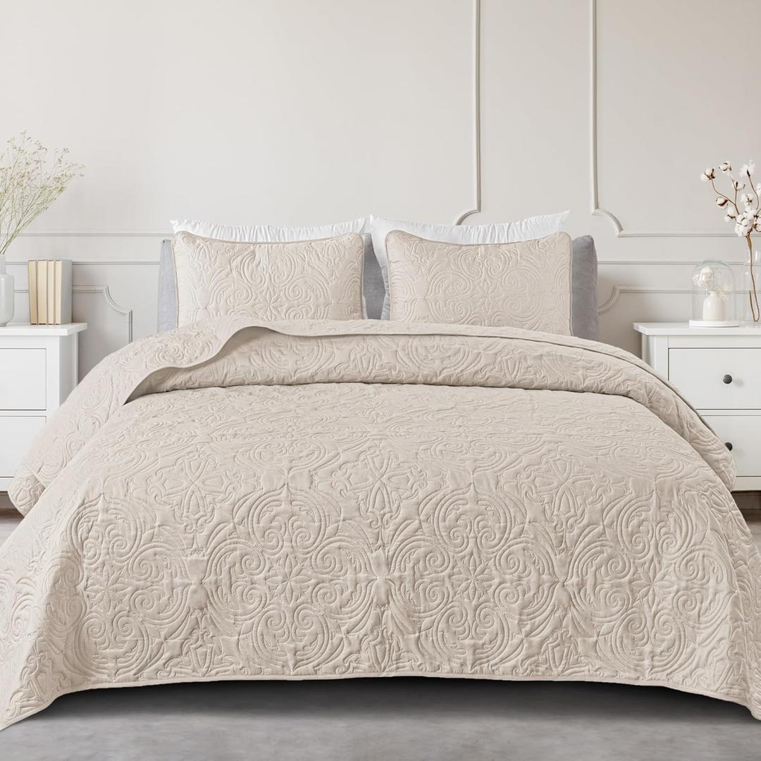 Exclusivo Mezcla Quilts Queen Size Bedding Set with 2 Pillow Shams, Lightweight Brich Beige Full Queen Quilt Bedspread with Vintage Damask Pattern, Soft Bedspreads Coverlets for All Seasons