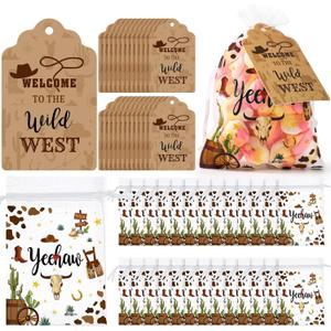Blulu 50 Sets Western Party Decorations Western Gift Bags with Tags Wild West Candy Goodie Organza Bags for West Cowboy Wedding Birthday Baby Shower Baptism Supplies