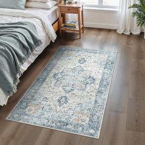 3x5 Area Rugs for Living Room, Machine Washable Rug, Non Slip Vintage Rugs, Low Pile Lightweight Print Rug for Bedroom, Dining Room, Home Office, Blue