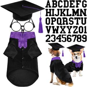 Huhumy 5 Pcs Dog Graduation Costume Set Include 2026 Pet Graduation Gown with Stole Puppy Grad Cap Lensless Glasses DIY Letter Stickers for Dogs Cats Holiday Costume Accessory(Black Purple,L)