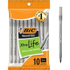 4 x BIC Round Stic Xtra Life Black Ballpoint Pens, Medium Point (1.0mm), 10-Count Pack of Bulk Pens, Flexible Round Barrel for Writing Comfort, No. 1 Selling Ballpoint Pens