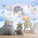 XMPMBM-Cartoon Animals Nursery Room backsplash Large Decorative Wallpaper Clouds the Moon Bedroom Bathroom wall Mural- W 154" X H 105"（112 Square Foot）