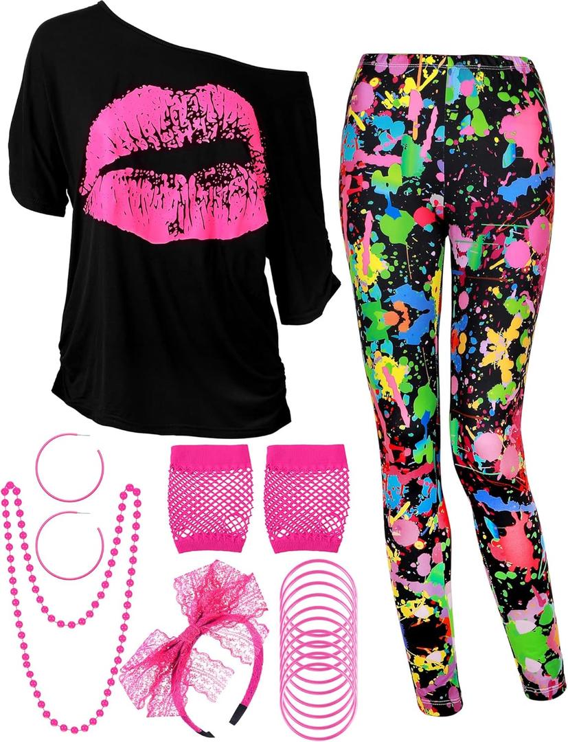 Blulu 80s Women Costume Set, Lips Print off Shoulder T-shirt, Geometric Legging Pants Earring Necklace Gloves Bracelet, L