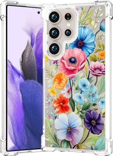 CCFUNCASE Compatible for Samsung Galaxy S24 Ultra Case Clear Cute for Women - Rugged Phone Cases Funda Protector Cover Skin (Blue Flower Floral Abstract) Pack of 2