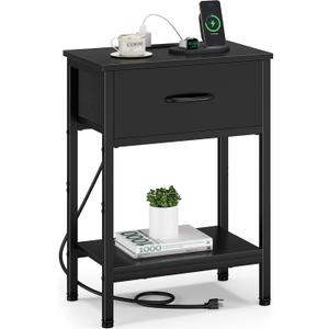 Vagusicc Black Nightstand with Charging Station, End Table with Fabric Drawer, Small Side Table with 2-Tier Storage Shelves, 25.4" Tall Bedside Table, Black Night Stand for Bedroom, Living Room, Dorm (Black (1 Pack))