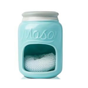 Comfify Ceramic Kitchen Sponge Holder - Farmhouse Style Sink Caddy - Mason Jar Decorative Kitchen Accessory - Country Rustic Sink Decor - Includes Free Sponge - Aqua Blue