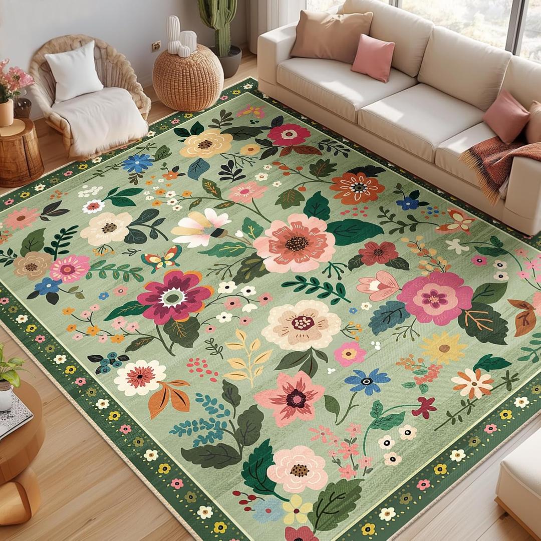 RELEANY Floral Nursery 9x12 Area Rugs Washable Print Boho Cute Carpet Non Slip Flower Low Pile for Living Room Kids Girls Playroom Bedroom Kitchen Office Farmhouse-Light Green