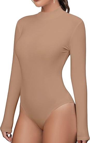 MANGDIUP Bodysuit for Women Mock Turtle Neck Long Sleeve Tops Slim Fit Basic Stretch Soft Bodysuit Jumpsuit (Mocha, Small)