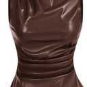 MakeMeChic Women's PU Leather Tank Top Mock Neck Y2k Ruched Party Sleeveless Leather Tops (Large, Coffee Brown)