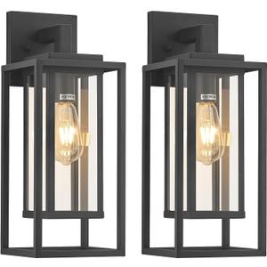 18" Outdoor Wall Light Fixtures Waterproofed Exterior Lantern W/Sturdy Rectangular Double Cage In Satin Black&Clear Tempered Glass,Sconce Mounted For House Patio,Front door,Porch,Garage Lighting 2Pack